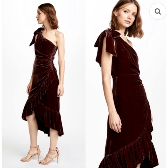 Ulla Johnson x Revolve 2 Elisa Velvet Ruffle Midi Dress One Shoulder Bow Brown - Picture 1 of 10